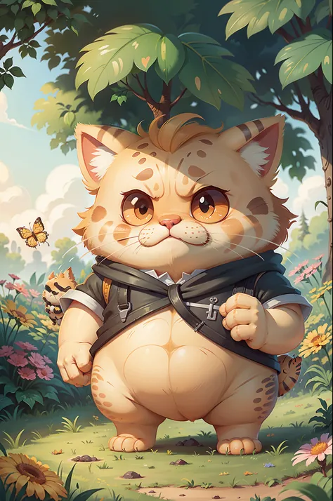 c4tt4stic，Garfield，Catching butterflies in the garden，Best quality,8K,A high resolution,tmasterpiece:1.2,ultra - detailed,