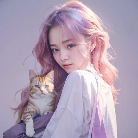 Real life adaptation of this character, korean teen beautiful face with long hair holding a British shorthair cat in her arms