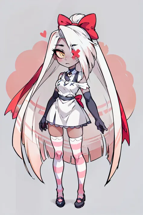 vaggie, 1girl, gray skin, white hair, pink sclera, yellow pupils, long hair, white dress, pink and white striped stockings, hair...