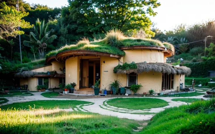 A photograph of a symmetrical contemporary house with (((one waved green roof))) and (((biological pool))) in a tropical backyard, mustard yellow terracota plaster walls (((rustic clay stucco))), ((corner walls rounded)), ((rustic clay plaster)), (((terrac...