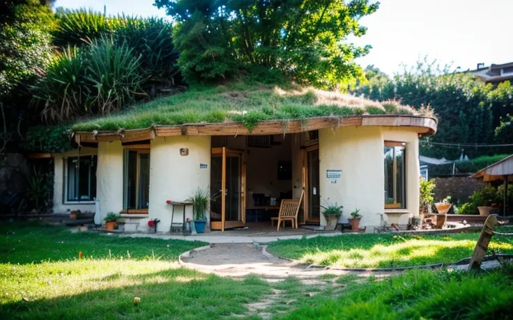 A photograph of a symmetrical contemporary house with (((one waved green roof))) and (((biological pool))) in a tropical backyard, mustard yellow terracota plaster walls (((rustic clay stucco))), ((corner walls rounded)), ((rustic clay plaster)), (((terrac...