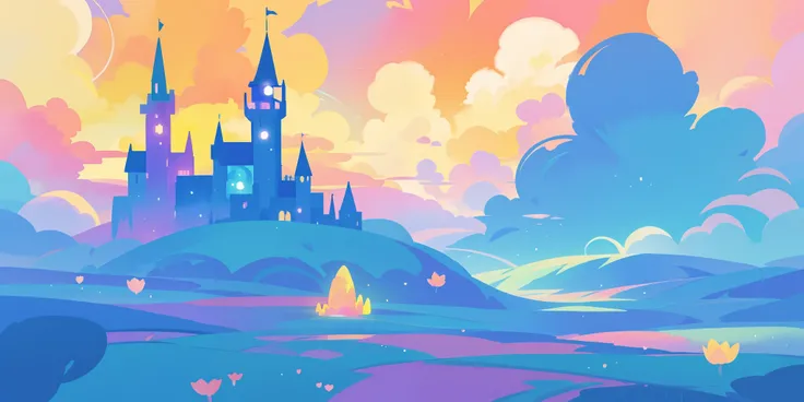 beautiful fantasy landscape, vibrant colors, (((otherworldly landscape))), whimsical landscape, cloud castle, huge clouds, ocean of clouds, watercolor illustration, disney art style, glowing lights, beautiful digital illustration, fantasia otherworldly lan...