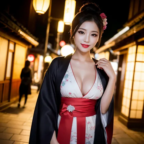 ((top-quality、masutepiece、8K、Top image quality、Very complex and detailed details))、1 prostitute、Oiran costume、花魁&#39;s kimono、accurate courtesan kimono、Gorgeous courtesan kimono、The background is the entertainment district、You Guo、Custom Street、Smile at th...