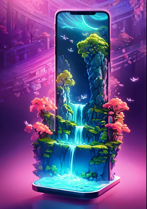 With the phone as the background，Three-dimensional feeling，3D立体，tmasterpiece，Best quality，extremely beautiful reflection，best reflection。（Very detailed CG unified 8k wallpaper），（Best quality），（The best illustrations），（The best shadow），Forest themed with na...