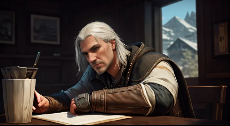 there is a man sitting at a table with a book and a cell phone, portrait of fin wildcloak, portrait of geralt of rivia, thancred waters in style of wlop, fan art, a portrait of the character, in assassins creed 3, cinematic realistic portrait, portrait of ...