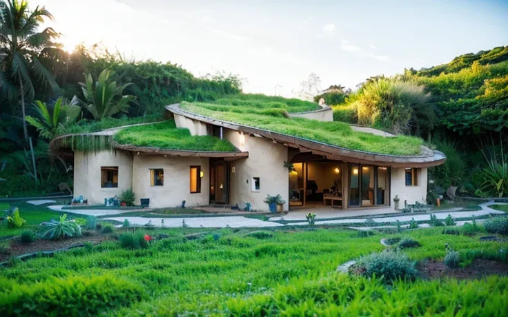 A photograph of a symmetrical a splendid contemporary hobbit house with (((waved green roof))) and (((biological pool))) in a tropical backyard, mustard yellow terracota plaster walls (((rustic clay stucco))), ((corner walls rounded)), ((rustic clay plaste...