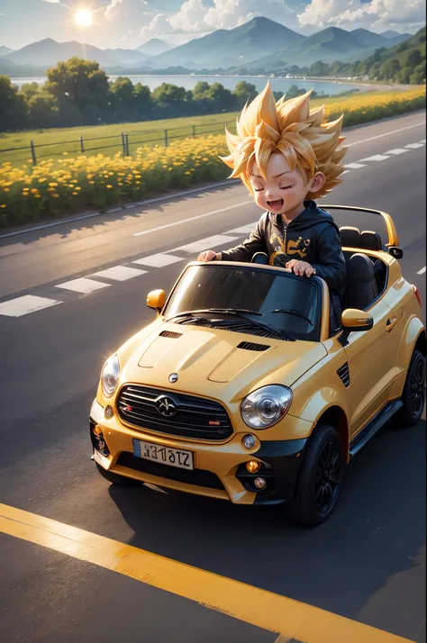 Sateen，Clouds，Sunrays，Highway，little boy driving a convertible car，Sun Wukong，super saiyan，great laughter，Spiked Hairstyles，Flowers，mont，a river，a bird，Rich colors，​masterpiece，Chibi，Full body