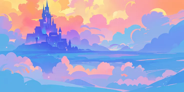 beautiful fantasy landscape, vibrant colors, (((otherworldly landscape))), whimsical landscape, cloud castle, huge clouds, ocean of clouds, watercolor illustration, disney art style, glowing lights, beautiful digital illustration, fantasia otherworldly lan...