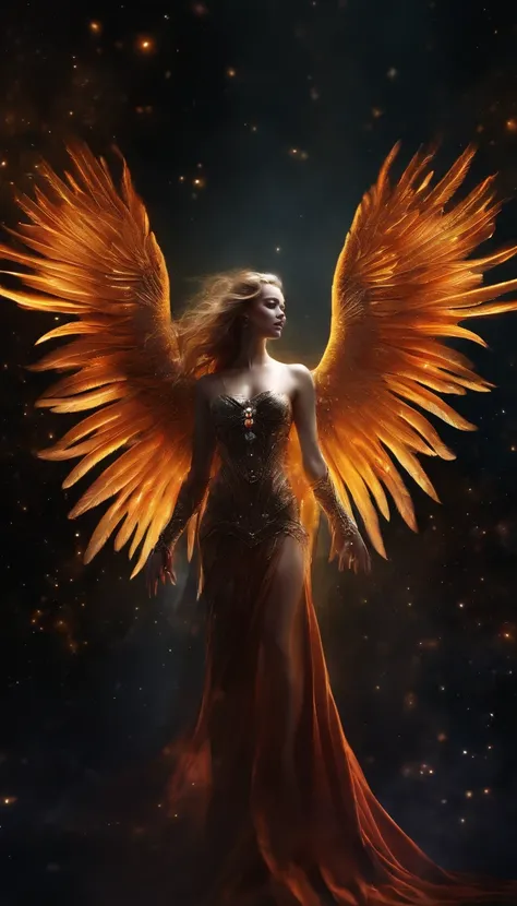 Cosmic Fallen Angel, Bright and clear eyes, Biomechanicals, the strange, fearsome, nightmare, The colors are very vivid, Light particles, There is bright light, Mshiv, wallpaper art, ultra HD wallpaper，natta，with black background，The light from the rear wi...