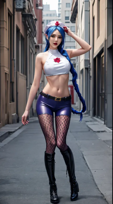 Jinx nurse，nurse hat，(White nurse costume)，Red rose tattoo on arm，Blue twist braid，Runaway Lori，League of Legends ，full bodyesbian，(kneehigh boots)),(fishnet leggings),Stand on a city street。