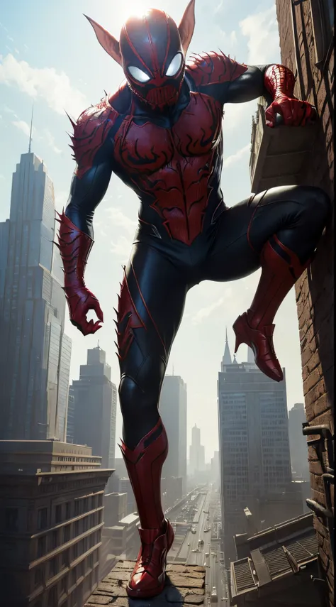 (((fully red))) symbiote suit, venom, little boy, ((pointy ears)), ((goblin head)), tail, standing on a roof of the scyscraper, sunlight, sunny day, intricate, high detail, sharp focus, dramatic, photorealistic painting art by greg rutkowski