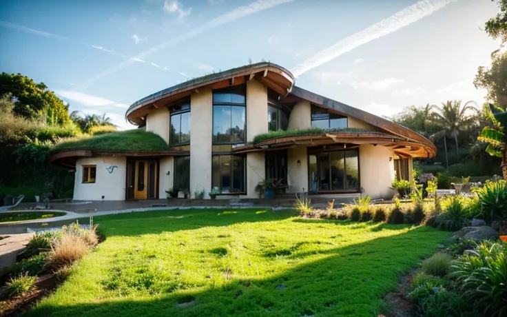 A photograph of a symmetrical a splendid contemporary house with (((waved green roof))) and (((biological pool))) in a tropical backyard, mustard yellow terracota plaster walls (((rustic clay stucco))), ((corner walls rounded)), ((rustic clay plaster)), ((...