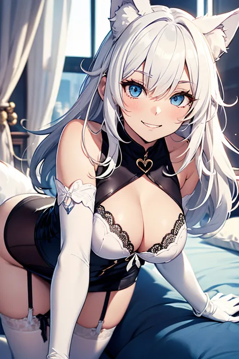 masutepiece　 The highest image quality　Super vivid　high-detail　One Young Woman（（Adults））　White Long Gloves（（blanche）（Long gloves））　white stockings（（blanche）（Stockings））　undergarment　Wolf ears　shorth hair（（short-cut）（White hair）（Habitual hair）（fluffly））　A s...