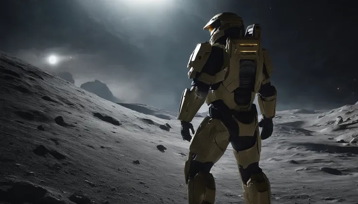 "Generate a highly detailed and dynamic image featuring Master Chief from Halo walking on the moons surface. Envision him with accurate proportions, exuding an air of strength and determination. Depict the lunar landscape with meticulous detail, showcasing...