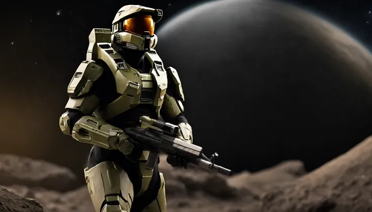 "Generate a highly detailed and dynamic image featuring Master Chief from Halo walking on the moons surface. Envision him with accurate proportions, exuding an air of strength and determination. Depict the lunar landscape with meticulous detail, showcasing...