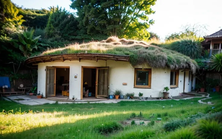 A photograph of a symmetrical contemporary house with (((one waved green roof))) and (((biological pool))) in a tropical backyard, mustard yellow terracota plaster walls (((rustic clay stucco))), ((corner walls rounded)), ((rustic clay plaster)), (((terrac...