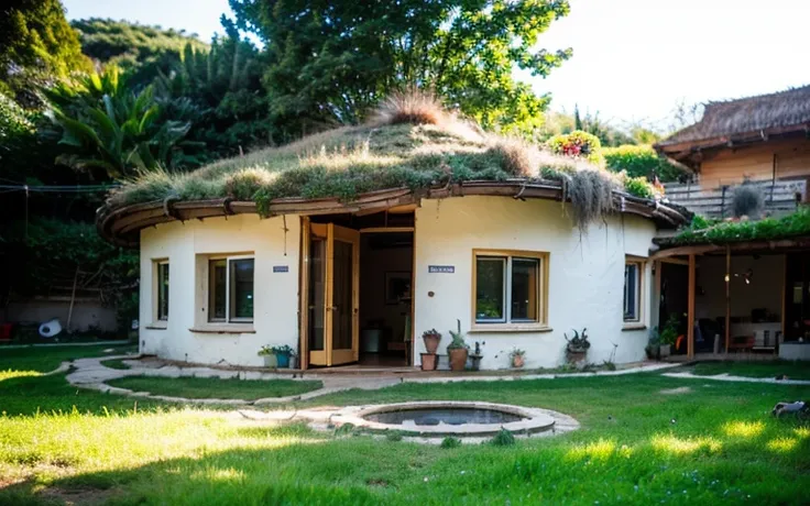 A photograph of a symmetrical contemporary house with (((one waved green roof))) and (((biological pool))) in a tropical backyard, mustard yellow terracota plaster walls (((rustic clay stucco))), ((corner walls rounded)), ((rustic clay plaster)), (((terrac...