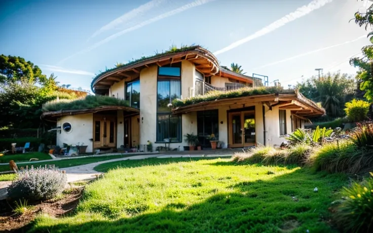 A photograph of a symmetrical a splendid contemporary house with (((waved green roof))) and (((biological pool))) in a tropical backyard, mustard yellow terracota plaster walls (((rustic clay stucco))), ((corner walls rounded)), ((rustic clay plaster)), ((...