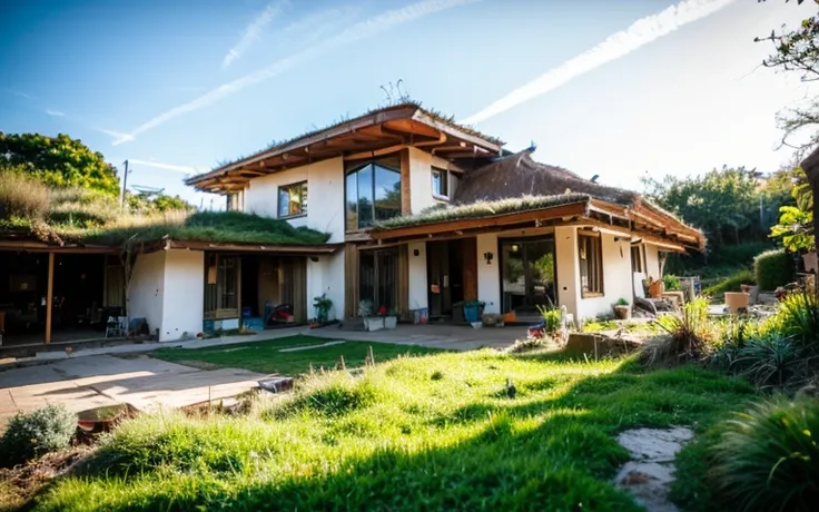 A photograph of a symmetrical a splendid contemporary house with (((waved green roof))) and (((biological pool))) in a tropical backyard, mustard yellow terracota plaster walls (((rustic clay stucco))), ((corner walls rounded)), ((rustic clay plaster)), ((...