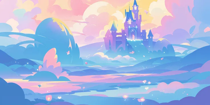 beautiful fantasy landscape, vibrant colors, (((otherworldly landscape))), whimsical landscape, cloud castle, huge clouds, ocean of clouds, watercolor illustration, disney art style, glowing lights, beautiful digital illustration, fantasia otherworldly lan...