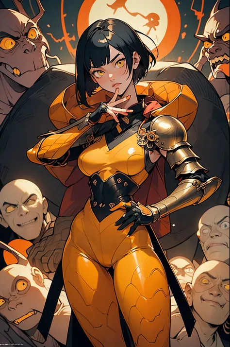 [Shinjuku background at night],Ginrei from Giant robot, (HENTAI ANIME) (Japanese NINJA Girl (Beauty) 19yo student) petite and muscular [Slim & fit body], Short Bob Cut,([hornet] Orange Ninja Battle Armor) scarf [stall] ((Fitting rubber inner) [honeycomb] [...