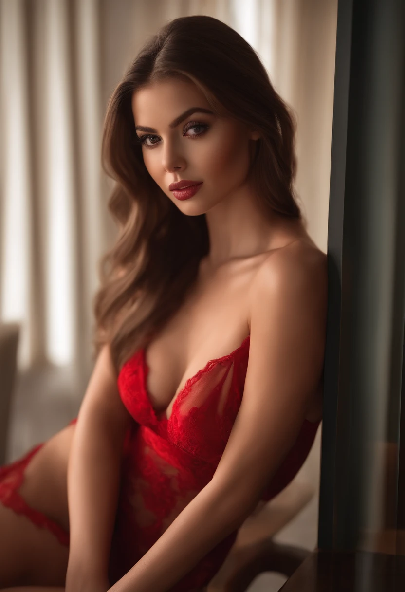 arafed woman fully , sexy girl with brown eyes, ultra realistic, meticulously detailed, portrait sophie mudd, brown hair and large eyes, red lingerie, high heels, long legs, nice tan, bent over table