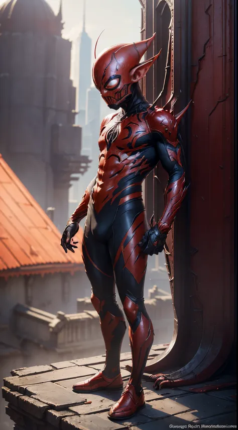 (((fully red))) symbiote suit, venom, little boy, ((pointy ears)), ((goblin head)), tail, standing on a roof of the scyscraper, sunlight, sunny day, intricate, high detail, sharp focus, dramatic, photorealistic painting art by greg rutkowski