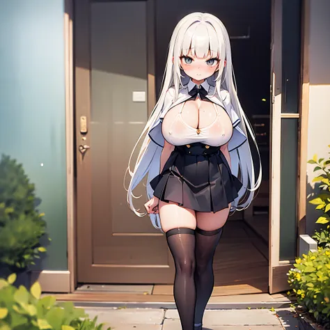 solo 1 thin (little girl:1.1) standing, straight back, (disproportionately gigantic perky breasts:1.3), (cleavage:1.3), (frilled white shirts with open chest wide), BREAK, large cute eyes, loli face, BREAK, (thin long legs:1.2), too thin waist, arms behind...