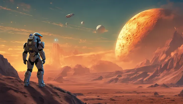 "Generate a highly detailed and dynamic image featuring Master Chief from Halo walking on the moons surface. Envision him with accurate proportions, exuding an air of strength and determination. Depict the lunar landscape with meticulous detail, showcasing...