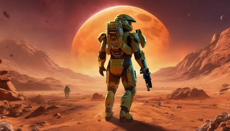 "Generate a highly detailed and dynamic image featuring Master Chief from Halo walking on the moons surface. Envision him with accurate proportions, exuding an air of strength and determination. Depict the lunar landscape with meticulous detail, showcasing...