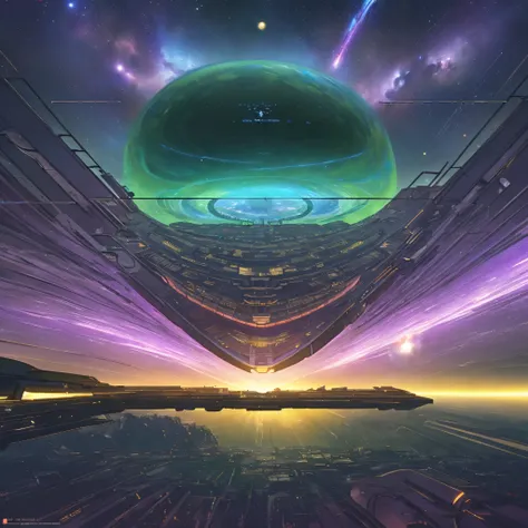 "Describe an extraordinary sci-fi scene where alien spacecraft, in immersive shades of purple, pink, green, and black, engage in a cosmic battle. Integrate elements of a futuristic perspective grid that seems to suck in the universe, creating a sense of di...