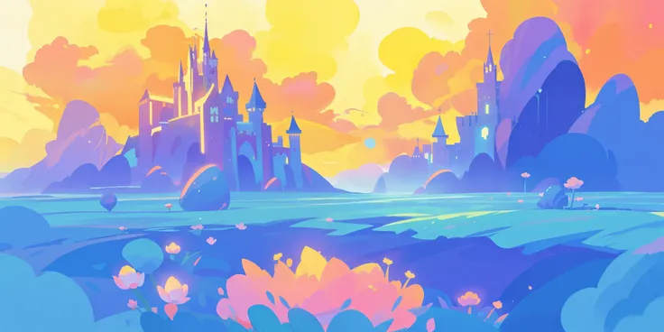 beautiful fantasy landscape, vibrant colors, (((otherworldly landscape))), whimsical landscape, cloud castle, huge clouds, ocean of clouds, watercolor illustration, disney art style, glowing lights, beautiful digital illustration, fantasia otherworldly lan...