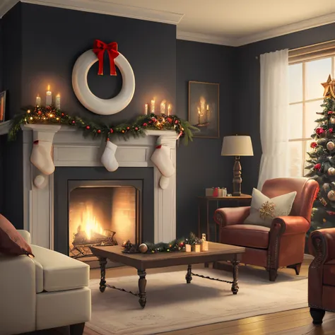 Create a digital illustration of a Christmas scene, living room, chimney, red, white, gold