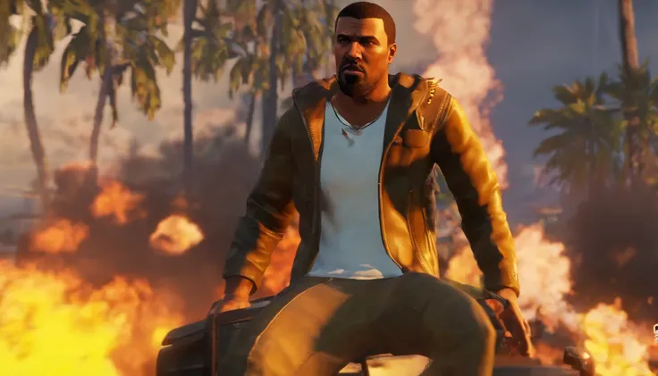 "Craft an intensely detailed prompt envisioning CJ from Grand Theft Auto: San Andreas as a remastered character in a thrilling and explosive scenario in the upcoming game. Depict CJ with remastered graphics, showcasing intricate details in his appearance a...