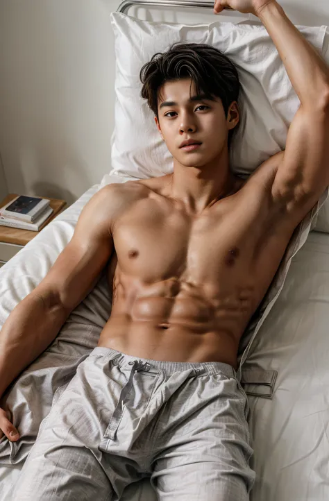 A handsome boy，18yr old，R18，Lie down in bed，not wearing clothes，white bed sheet，Excitation，Big bag，Abdominal hair，bookbag