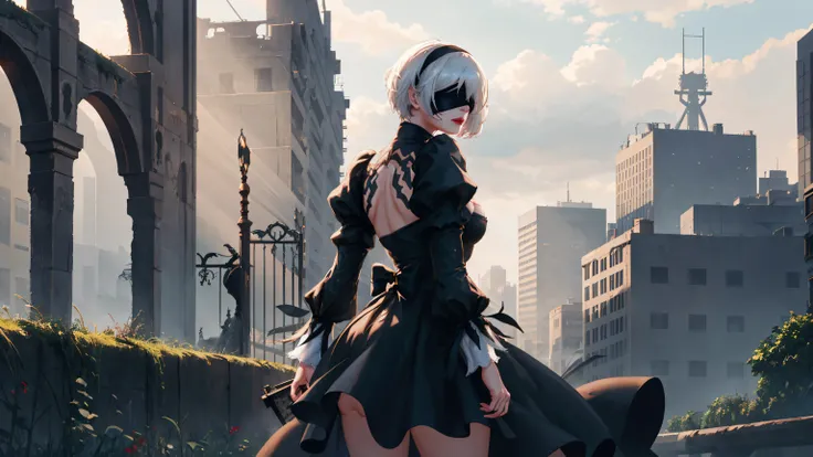 YoRHa2B, turning your back to the audience,masterpiece,turning heads, (realistic: 1. 4), best quality, beautiful lighting, 1girl, wlop, ((blindfold)), breasts, cleavage, cleavage cut, costume cut, hair between the eyes, hair band, highres, juliet sleeves, ...