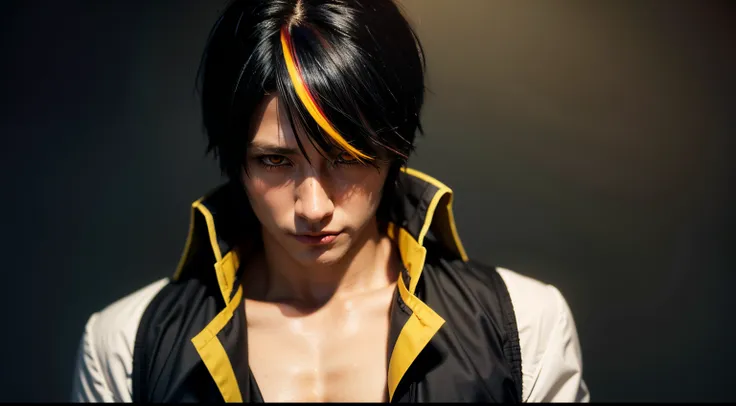 masterpiece, best quality, wallpaper, 1boy, solo, male focus, looking at viewer, upper body, depth of field, diablo_tensei_shitara, black hair, yellow eyes, multicolored hair, streaked hair, red hair, colored sclera, black sclera