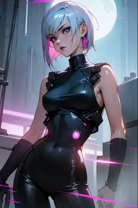 Woman 30 years (Sasha Grey pov), short white hair, sidecut hair, tight sexy white Low-cut tank top, cibernetic accessories, black leather pants with leds, unbuttoned futuristic large cyberpunk white vest, no buttons, no bra, no bra, beautiful face, super d...