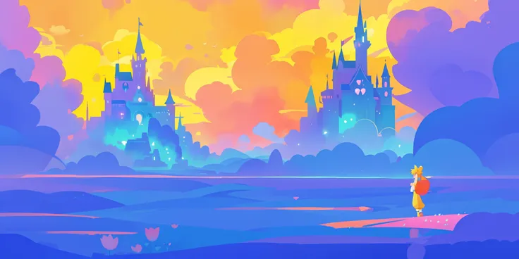 beautiful fantasy landscape, vibrant colors, (((otherworldly landscape))), whimsical landscape, cloud castle, huge clouds, ocean of clouds, watercolor illustration, disney art style, glowing lights, beautiful digital illustration, fantasia otherworldly lan...