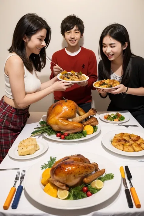 Thanksgiving dinner, Four teenagers prepared roast Turkey, and all kinds of food, warm background, Characters dominate, very happy, sharpie markers illustration, flat style, simple line illustration, high details