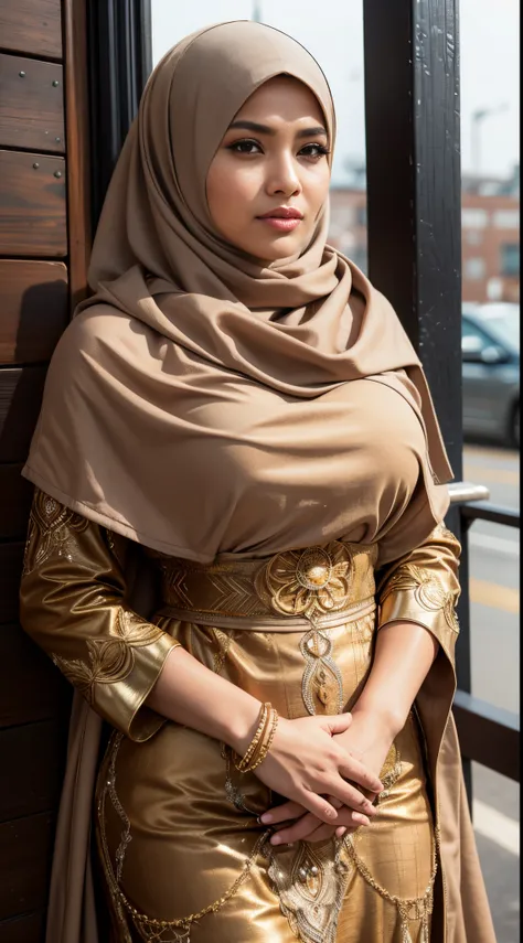 RAW, Best quality, high resolution, Masterpiece: 1.3), Beautiful Malay woman in hijab,Masterpiece, best quality,8k, brown eyes, big breast, perfect eyes,Master professional photography, beautiful woman in hijab and burqa and accessories, extreme textures a...