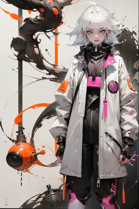 orange, pink, white, green, (white hair woman),tattoos, (techwear clothes:1.1),abstract lines and circles background