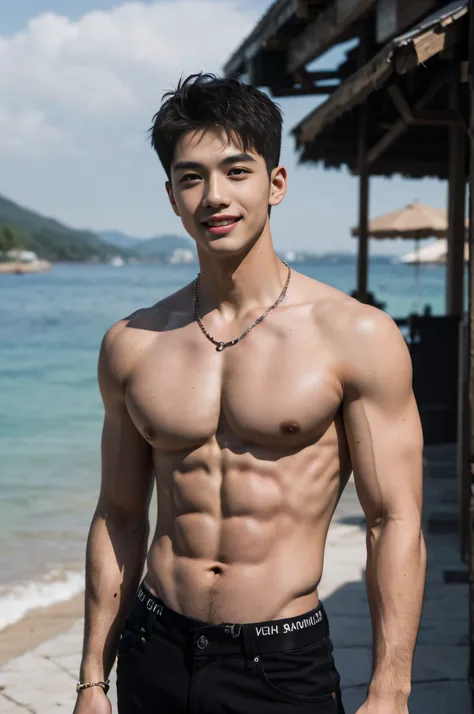 realistic, (masterpiece, top quality, best quality, official art), very detailed, colorful, most detailed, god, short hair, black hair, handsome man, necklace, city, pectoral, abs, brown skin, blue eyes, handsome smile, muscular, ((wide shoulders narrow wa...