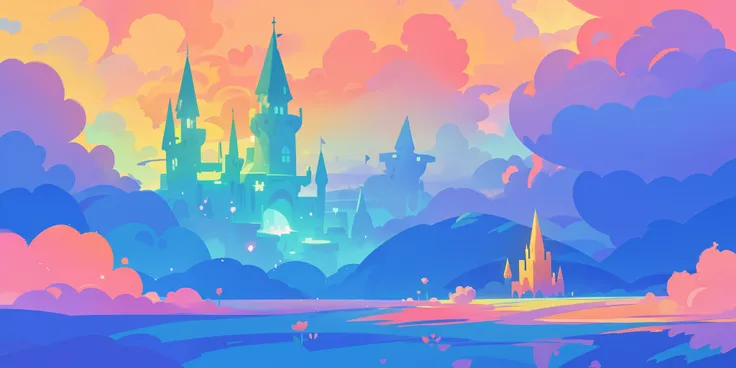 beautiful fantasy landscape, vibrant colors, (((otherworldly landscape))), whimsical landscape, cloud castle, huge clouds, ocean of clouds, watercolor illustration, disney art style, glowing lights, beautiful digital illustration, fantasia otherworldly lan...