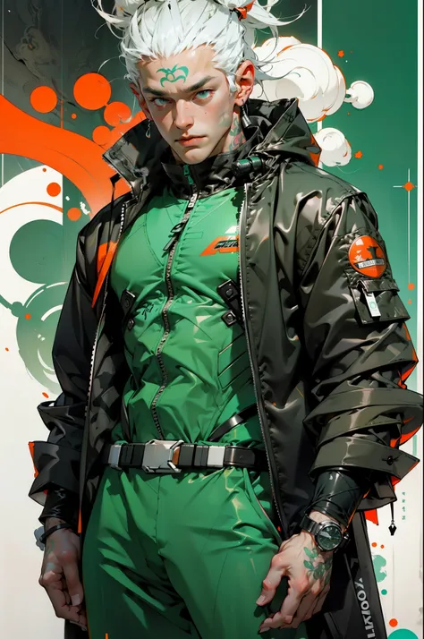 orange colors，pink big breasts，white colors，green color，（Man with white hair），Tattoos are，（techwear outfits：1.1），Abstract line and circle background