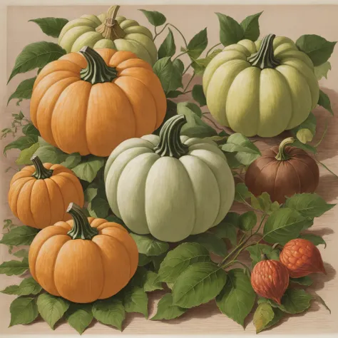 pumpkin varieties,botanical illustration,white background,style of Prerre-Joseph Redoute --auto --s2