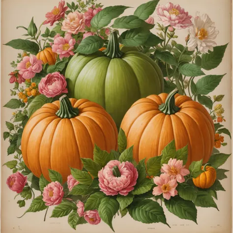 pumpkin varieties,botanical illustration,white background,style of Prerre-Joseph Redoute --auto --s2