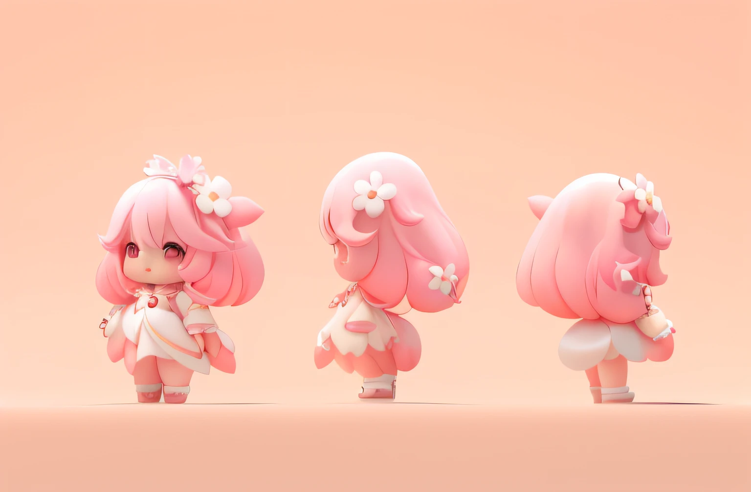 Pink skirt，long whitr hair，largeeyes，The clothes have peach blossom elements，A cute cartoon girl standing naturally，small loli，three-view stereo，frontage，Lateral face，on  back，Bubble Mart