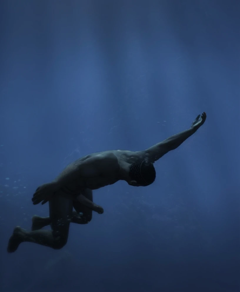 there is a naked black man sinking in the water, swimming deep underwater, thalassophobia, octane render aesethic, swimming underwater, swimming through the ocean, closeup cinematic aquatic scene, swimming in ocean, sinking underwater, stunning cinematogra...