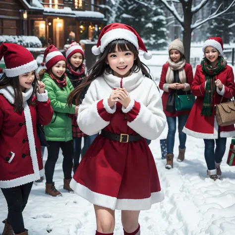 Christmas girl with her friends , snow